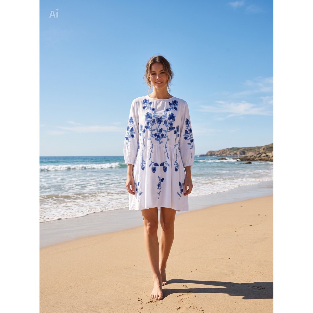 Hermoza White Blue Embroider Floral Drop Waist Mini Dress Cover-Up Boho Beach S